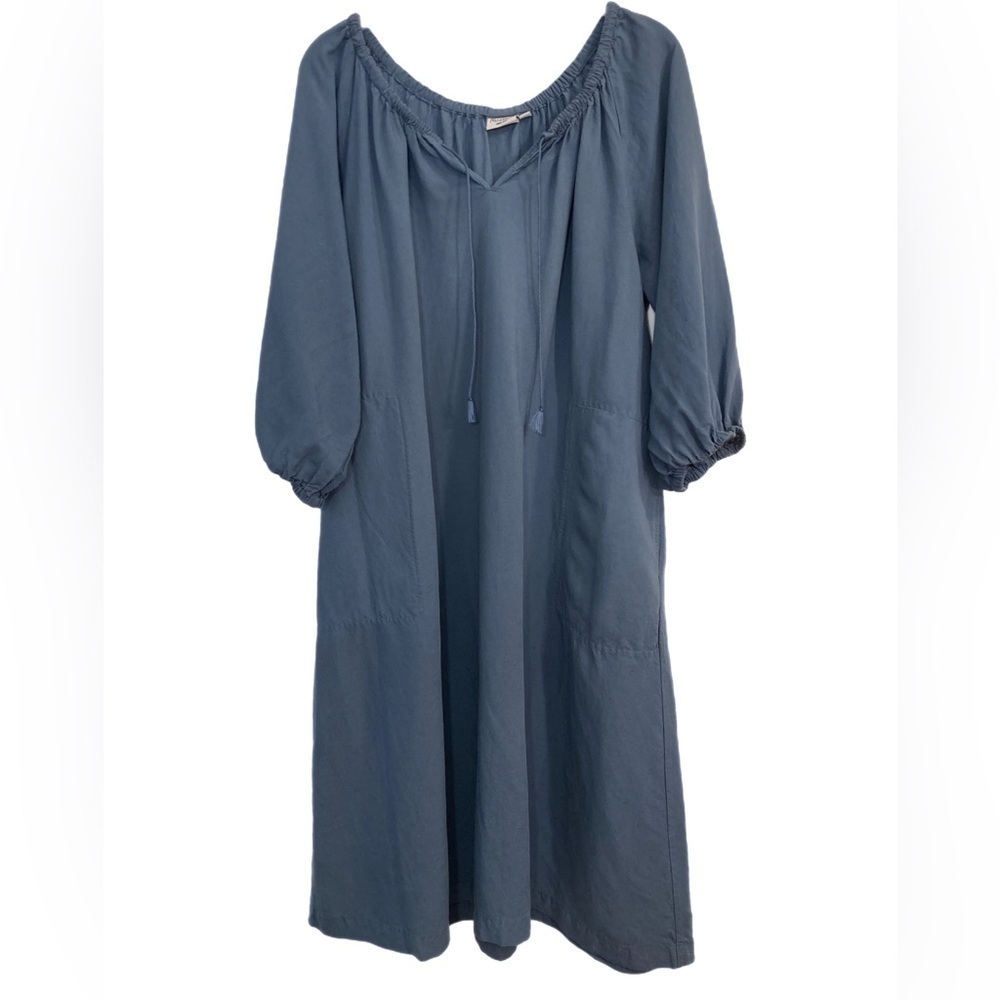 UNIQLO x JW Anderson chambray tent dress with puff sleeves, tie neck & pockets
